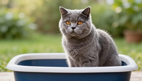 British shorthair next to a litter box, morning light