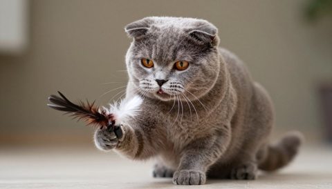 Scottish fold playing with a feather toy