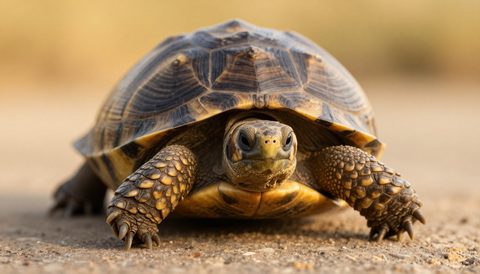 Tortoise on a flat stone, golden hour