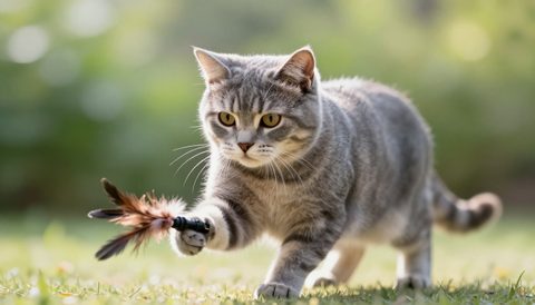 Mèo mướp xám vờn đồ chơi lông vũ, nắng sớm
