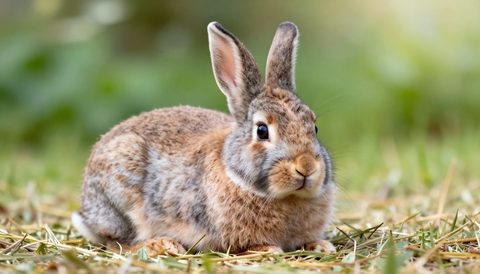 Rabbit resting on hay, morning light