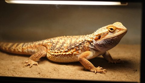 Bearded dragon basking under a lamp