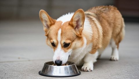 Corgi eating from a bowl