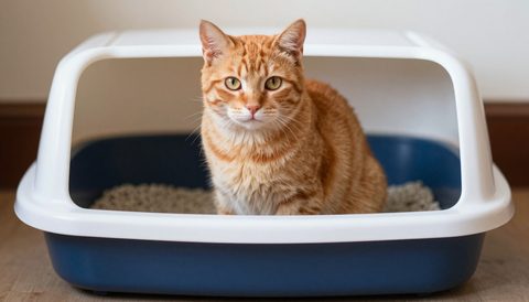 Orange tabby cat next to a litter box