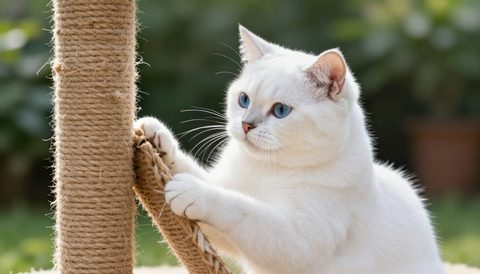 White cat using a scratching post, morning light