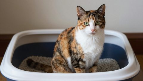 Calico cat next to a litter box