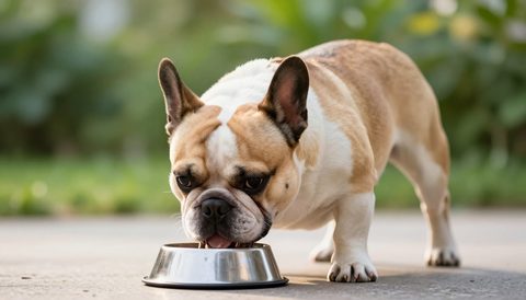 Chó bulldog Pháp ăn trong bát, nắng sớm
