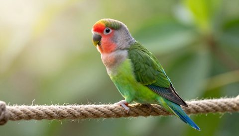 Lovebird playing on a rope perch, morning light