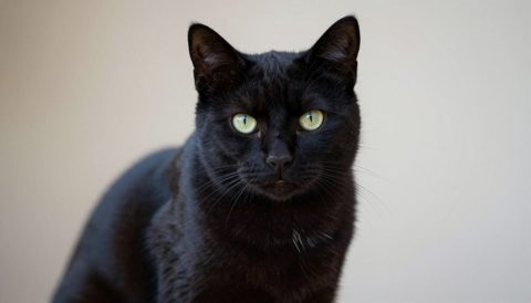 Black cat sitting, looking at the camera