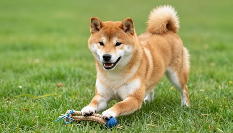 Shiba inu playing with a rope toy