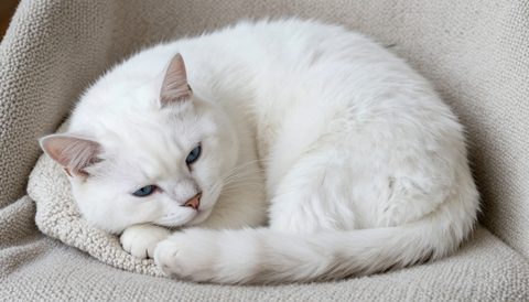 White cat curled up asleep