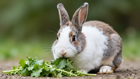 Holland lop rabbit eating fresh greens