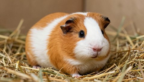 Guinea pig resting on hay