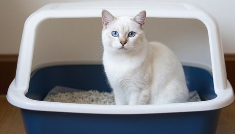 White cat next to a litter box