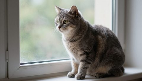 Mèo mướp xám ngồi bên cửa sổ