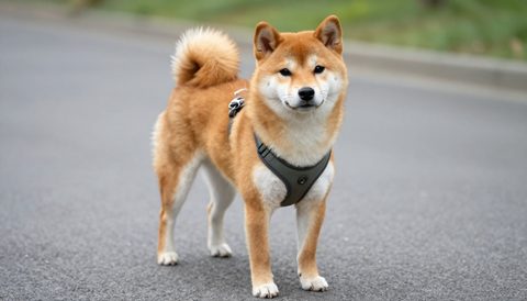 Shiba inu out for a walk in a harness
