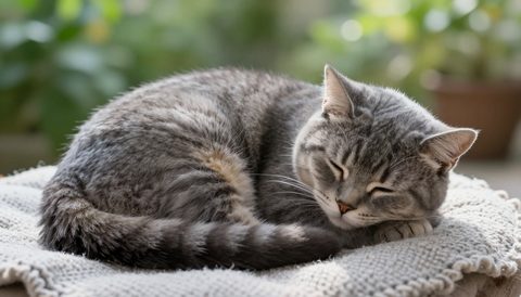 Grey tabby cat curled up asleep, morning light