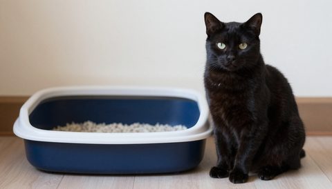 Black cat next to a litter box