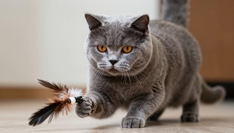 British shorthair playing with a feather toy