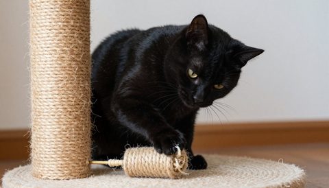 Black cat using a scratching post