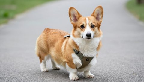 Chó corgi đeo yếm đi dạo