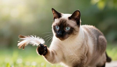 Siamese cat playing with a feather toy, morning light