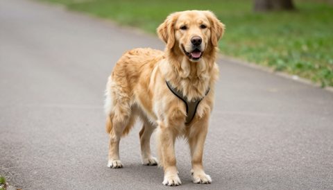 Golden retriever out for a walk in a harness
