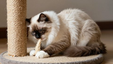Ragdoll cat using a scratching post