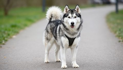 Siberian husky out for a walk in a harness