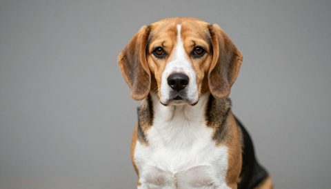 Beagle sitting, looking at the camera