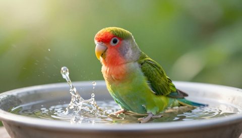 Lovebird bathing, morning light