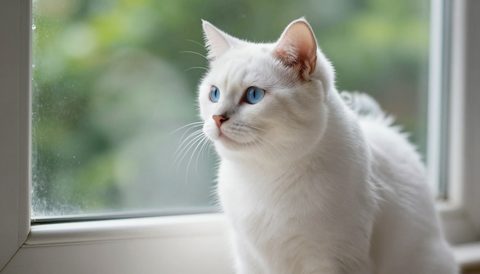 White cat sitting by the window, morning light