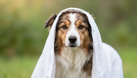 Border collie in a towel after a bath, morning light