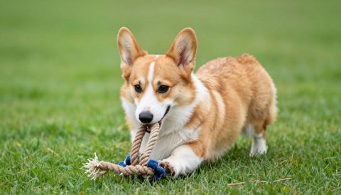 Corgi playing with a rope toy