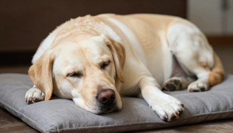 Labrador retriever sleeping on a cushion