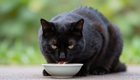 Black cat eating from a bowl, morning light
