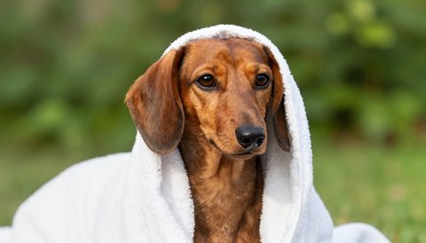 Dachshund in a towel after a bath, morning light