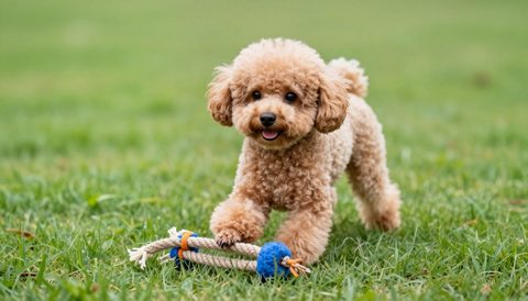 Toy poodle playing with a rope toy