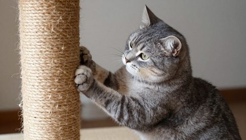 Grey tabby cat using a scratching post