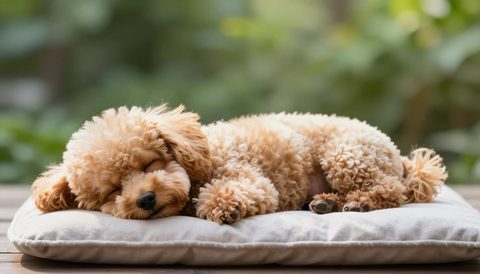 Toy poodle sleeping on a cushion, morning light