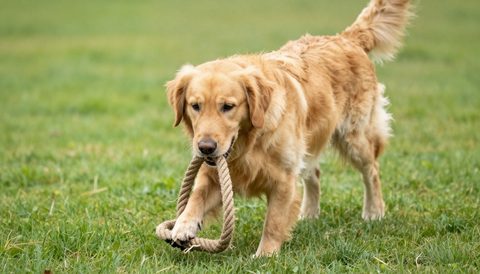 Golden retriever playing with a rope toy