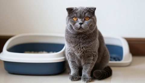 Scottish fold next to a litter box