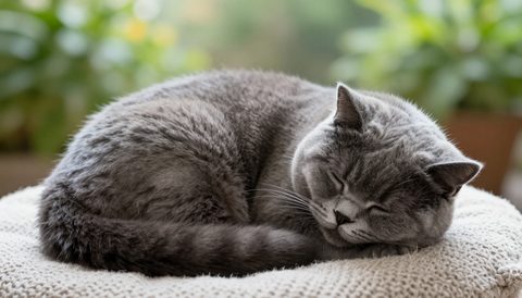 British shorthair curled up asleep, morning light