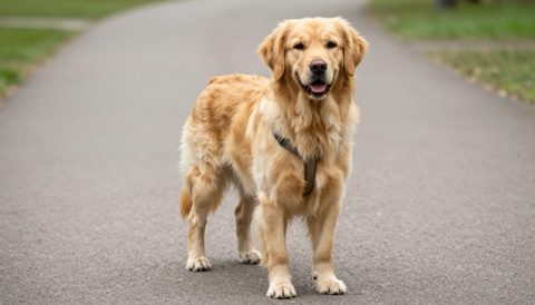 Chó golden retriever đeo yếm đi dạo