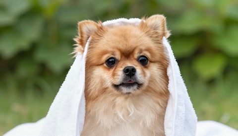 Pomeranian in a towel after a bath, morning light