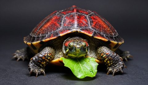 Red-eared slider eating, dark background