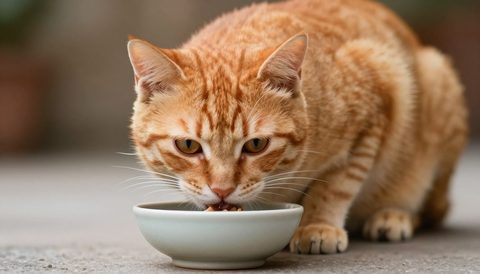Orange tabby cat eating from a bowl