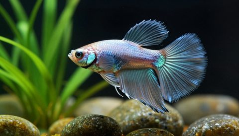Betta fish among aquatic plants, dark background