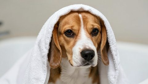 Chó beagle quấn khăn sau khi tắm