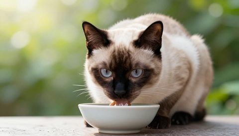 Siamese cat eating from a bowl, morning light
